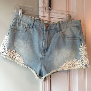 Denim shorts with lace detail